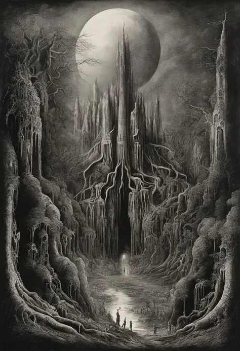 families of giant deformed distorted crushed flea trees robots ancient moon volcanoes night landscape and candelabras dramatic shadows by Salvador Dali and HR Giger and ZdzisÅaw BeksiÅski and Yves Tanguy and Sidney Nolan photorealistic finely detailed high resolution black ink illustration drawing discharge gushing heavy oozing dripping sweating unreal engine trending artstation by Stephen Gammell and HR Giger 4k canon 5d mk4,