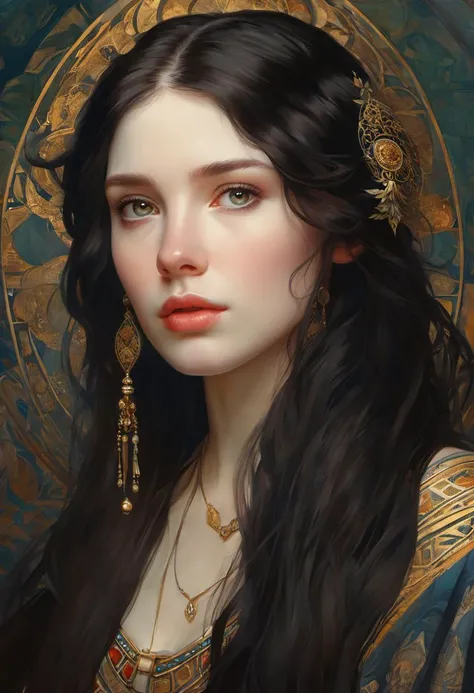 Portrait of a beautiful, pale skin, female with long black hair, dark, piercing eyes, gentle expression, elegant clothing, photorealistic, highly detailed, artstation, smooth, sharp focus, art by Klimt, artgerm, Greg Rutkowski and Alphonse Mucha
