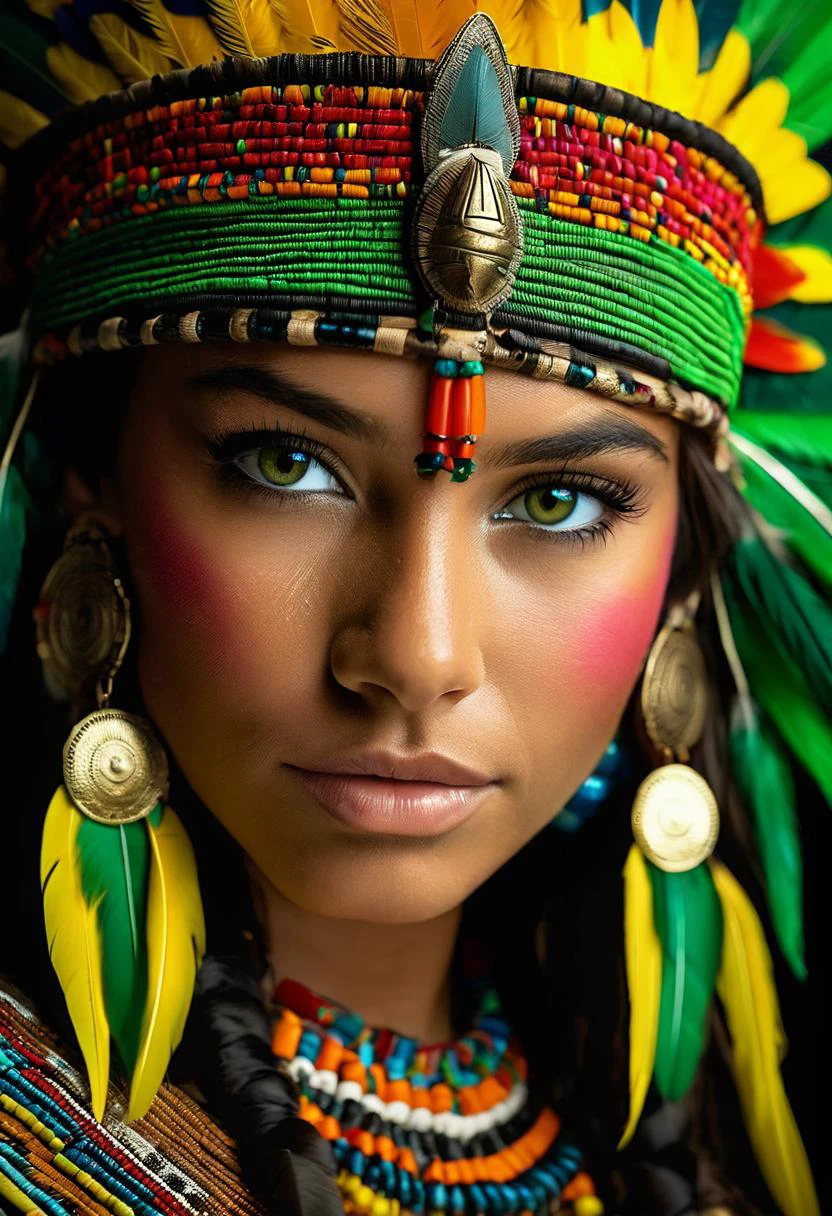 close up of a beautifull pre-columbian girl, intricate apparel with colourfull feathers, (8K raw photo), highest quality, detailed green eyes, dark studio, award winning image, dark studio, <lora:people_w_005_cosine_iter2_ 000005_sdxl_10epoches_adafactor:0.05>, <lora:add-detail-xl:1.1> colour explosion,