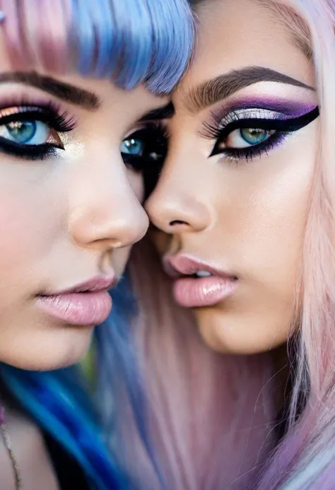 eyes close up of 2 girls,l cosplay, 18 years old, strong eyeliner and makeup, rule of thirds, fashion photographic, sunset light, kissing each other,
Extremely detailed hazel eyes, extremely detailed iris, black pupil, extremely detailed full lips,
platinum blonde with blue and pink hair, tan skin,