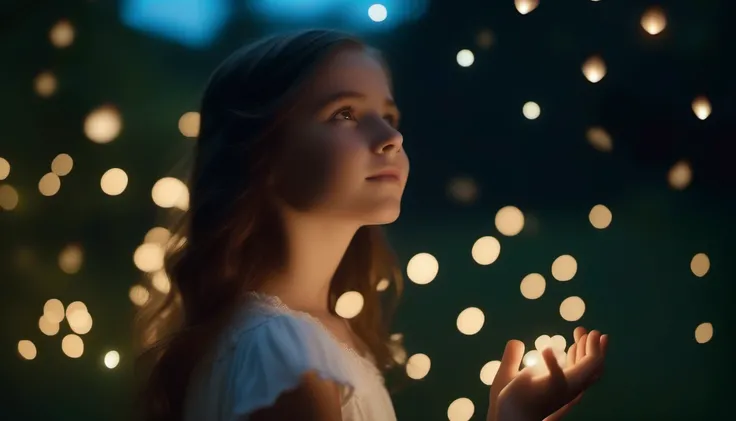 extremely detailed cinematic still, close up 3 quarter profile shot of a 12 years old girl with ( (shoulder-length:1.2) straight brunette hair) wearing a white summer dress, (reaching up with her hands:1.2), looking up in awe at the glowing fireflies around her, in a beautiful garden lit by fireflies, late night soft lighting, cinematic photo, 18mm f/11 photograph, film, bokeh, professional, 4k, highly detailed