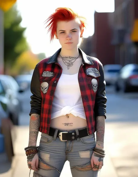 photo, photorealistic, (white punk womman:1.4) (colleen barrett:1.4), 20 years old, wearing scuffed distressed leather jacket with hand painted band logos, (chubby:1.4), (very large chest:1.4), (white t-shirt untucked:1.4), skull logo on t-shirt, red dyed side cut, faded jeans rolled up over boots, black combat boots, standing in front of a bodega, smirk, twinkle in eye, plaid shirt tied around waist, no makeup, (geometric tribal tattoos:1.4)
urban neighborhood, walk up row houses, late afternoon sun, Canon EOS, bokeh, hyper detailed, hyperrealistic, chicago suburb