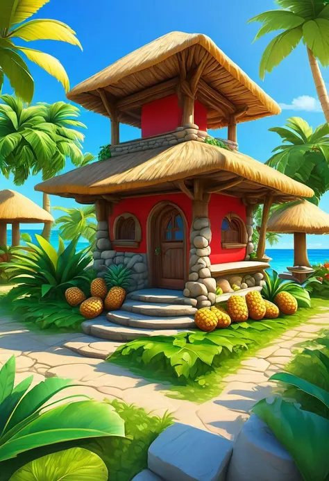 4k resolution, intricately detailed, trending on artstation, ((best quality)), ((highly detailed)), masterpiece, scenery, no humans,
outside, Delfino_Plaza, small fruit red stand,made of stone and wood, pineapples, coconuts, palm tree, small house, clear blue sky, realistically detailed, HDR, ,Delfino_Plaza,eonn