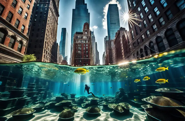 full body shot, futuristic new york city underwater,(RAW photo, 16k, masterpiece, best quality: 1.2), (ultra realism, hyper detailed and intricate realism: 1.3), (radiant mapping, ray tracing, god rays: 1.2), High dynamic range, vivid, rich details, clear shadows and highlights, realistic, intense, enhanced contrast,