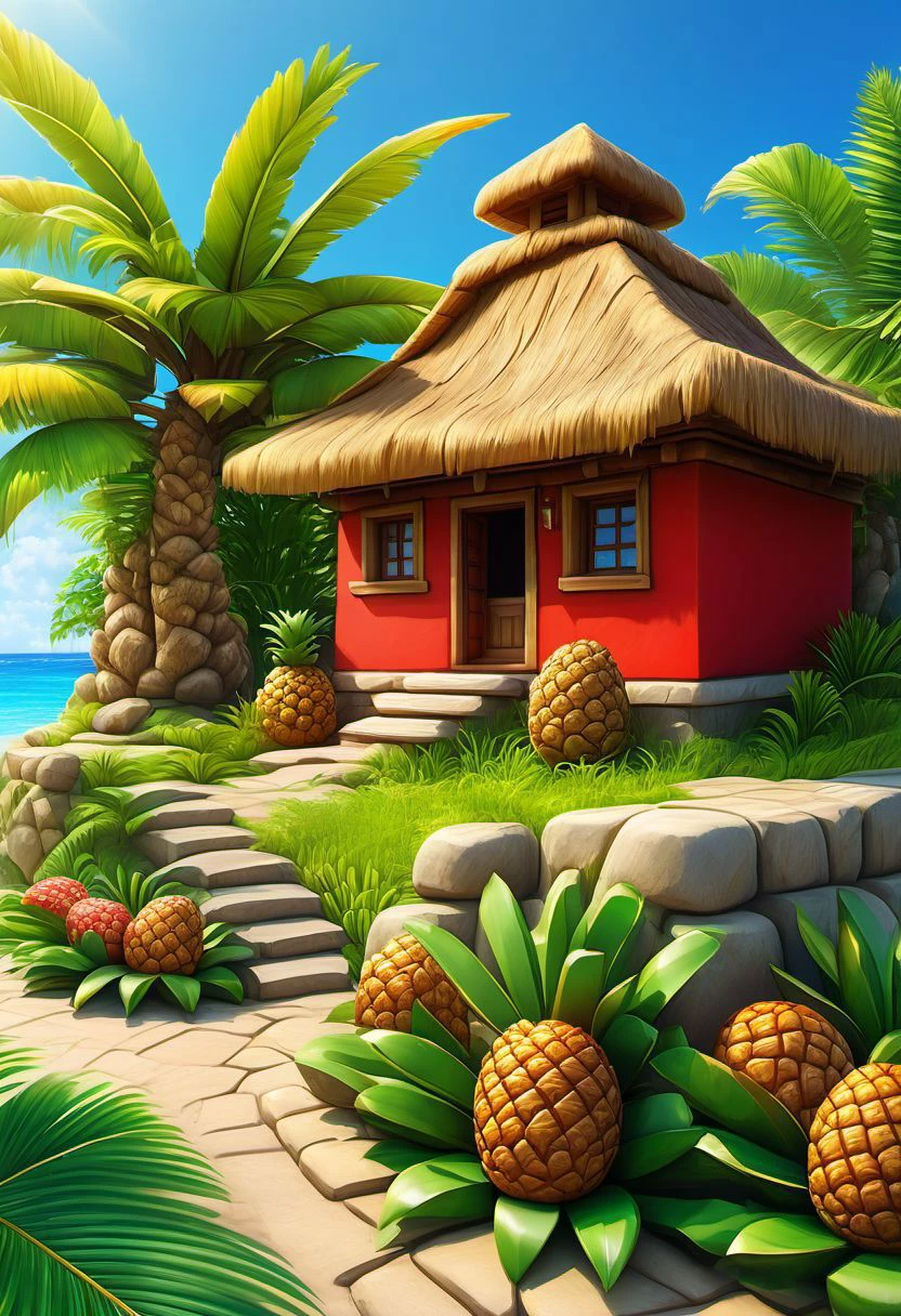 4k resolution, intricately detailed, trending on artstation, ((best quality)), ((highly detailed)), masterpiece, scenery, no humans,
outside, Delfino_Plaza, small fruit red stand,made of stone and wood, pineapples, coconuts, palm tree, small house, clear blue sky, realistically detailed, HDR, ,Delfino_Plaza,eonn