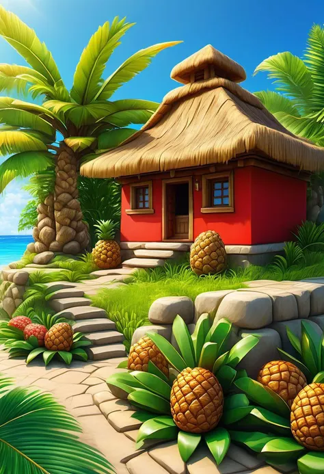 4k resolution, intricately detailed, trending on artstation, ((best quality)), ((highly detailed)), masterpiece, scenery, no humans,
outside, Delfino_Plaza, small fruit red stand,made of stone and wood,  pineapples, coconuts, palm tree, small house, clear blue sky, realistically detailed, HDR, ,Delfino_Plaza,eonn