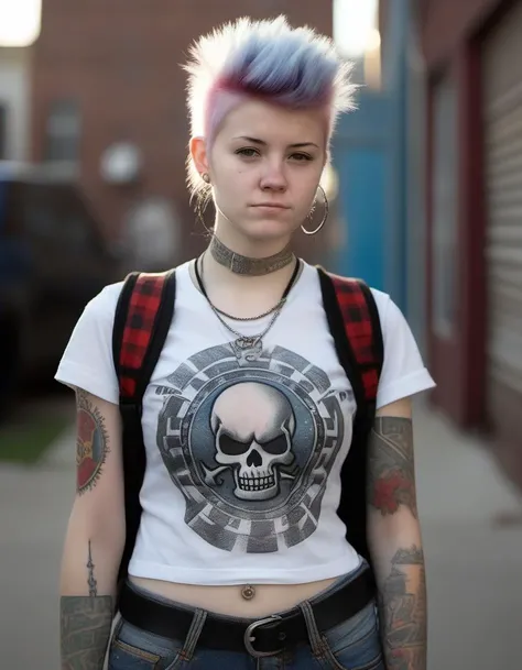 photo, photorealistic, (white punk womman:1.4) (colleen barrett:1.4), 20 years old, wearing scuffed distressed leather jacket with hand painted band logos, (chubby:1.4), (very large chest:1.4), (white t-shirt untucked:1.4), skull logo on t-shirt, red dyed side cut, faded jeans rolled up over boots, black combat boots, standing in front of a bodega, smirk, twinkle in eye, plaid shirt tied around waist, no makeup, (geometric tribal tattoos:1.4)
urban neighborhood, walk up row houses, late afternoon sun, Canon EOS, bokeh, hyper detailed, hyperrealistic, chicago suburb