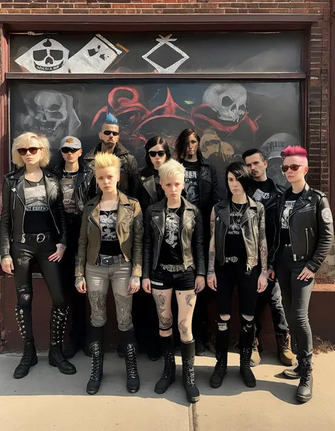 photo, large group of many (white punk women:1.4), beautiful face, wearing army jackets, leather jackets, wearing combat boots, skin tight t-shirts, baggy t-shirts, skull logos, band logos, standing in front of a bodega, no makeup, (flat black geometric tattoos:0.9), dynamic, dramatic lighting, cinematic magazine photograph, eyeliner:1.1
urban neighborhood, walk up row houses, late afternoon sun, Canon EOS, bokeh, hyper detailed, hyperrealistic, chicago suburb