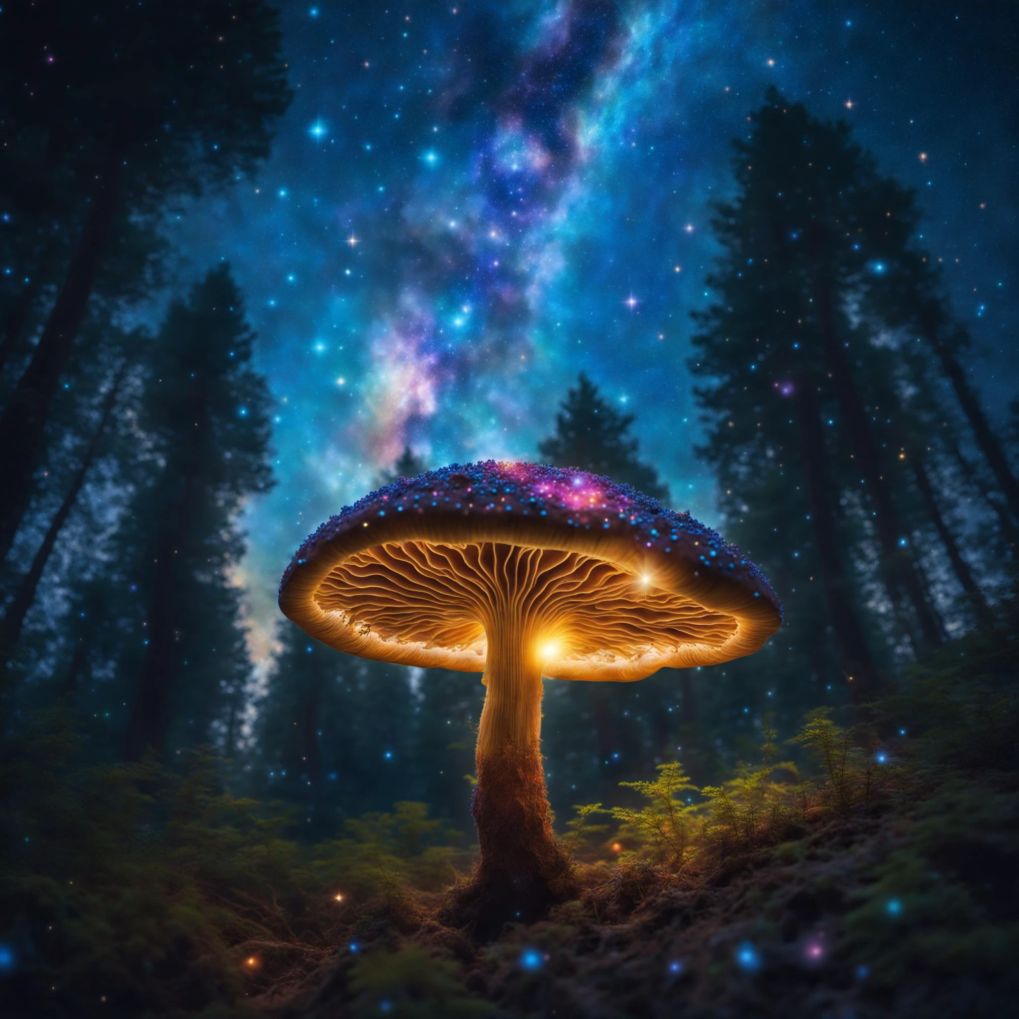 Psychedelic style masterpiece raw photo,(glowing magic mushroom) in a forest, (sky filled with stars and galaxies resembling Mandelbrot fractals:1.9) fireflies
. Vibrant colors, swirling patterns, abstract forms, surreal, trippy