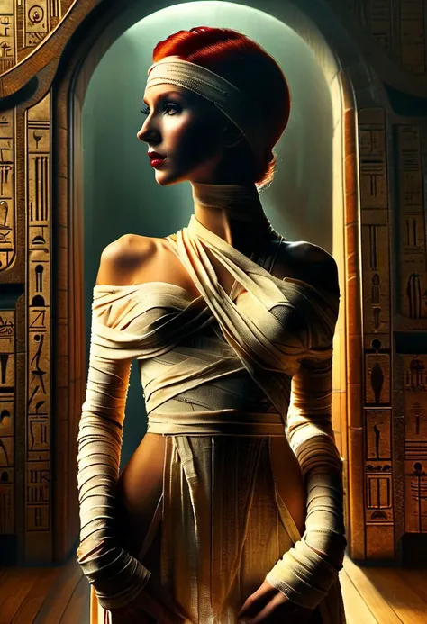 healthy woman age 25 attractive, standing in wide stance, from below, nsfw, nude (muted sage skin), Bride of Frankenstein as supermodel, tall, fit_body, ab_crack, long_legs, teardrop_boobs, bare_boobs, bottomless, nipples, hood, sheer white bandages, red hair, art deco interior with huge windows, amber eyes, best quality, (art deco starry night background), detailed hair, detailed eyes, rim lighting, hard shadows, ziprealism, DonMM00m13sXL