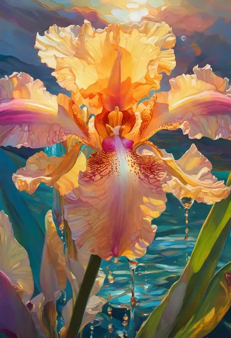 detailed giant pastel holographic orchid iris hybrid flower surrounded by ocean waves covered in dripping sticky honey, lsd water, lsd ripples, droplets, backlit, sunset, refracted lighting, art by collier, albert aublet, krenz cushart, artem demura, alphonse mucha