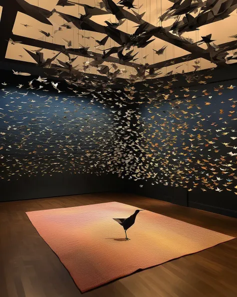 Installation: A room filled with suspended origami birds, casting intricate shadows that dance across the walls. by Mari Inukai , by KAWS , by jinyoung shin, ,(( Thomas Vijayan , Margarita Mavromichalis , Jose Villa)) , by Shaun Tan , by Ben Passmore