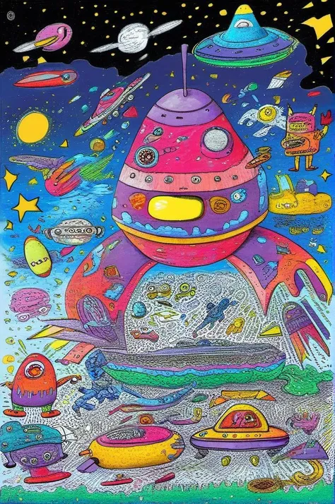 a spaceship, surrounded by many different colourful doodles, <lora:Doodle_XL_V1:1> Doodle Art Style