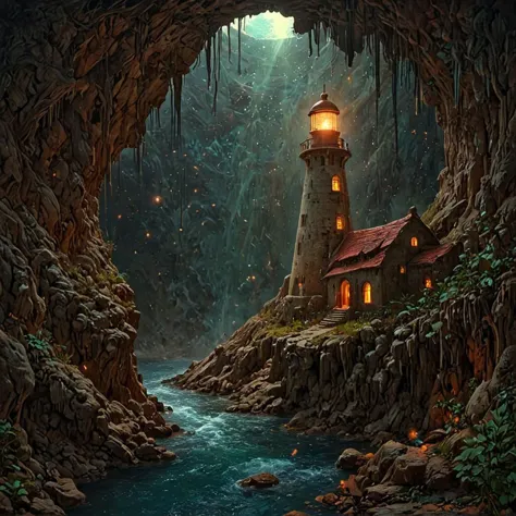 Rivers, lake, waterfalls, historic rendering of an old lighthouse, square spaceship , digital artwork by Jacek Yerka, vibrant colors include cuware and births a building, inside the surreal landscape of warped geometry and digital artwork by Beksinski, create a sense of detailed, abstract, trippy, 60s style, op art, cell shaded, 8k. The composition includes overlapping circles, sharp-edged polygons, and fluid lines, all interwoven to create a sense of rhythm and flow, sacred geometry, FRESHIDEAS Real Photography 2#, great lighting, otclillsn, surrealism