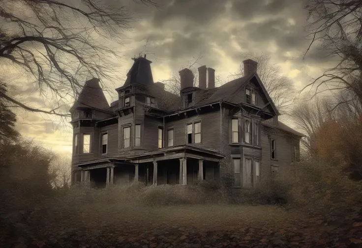 you approach a ghostly mansion, its silhouette stark against the night sky. The once-grand structure is now shrouded in ivy and mystery, with shattered windows that seem to watch your approach. As you step closer, an eerie light spills from within, illuminating dust motes that dance in the air like lost souls. The creaking floorboards and distant echoes of laughter hint at a lively past now long forgotten. Portraits of stern ancestors line the walls, their eyes following you as if guarding secrets best left undisturbed. Soft complementary colors