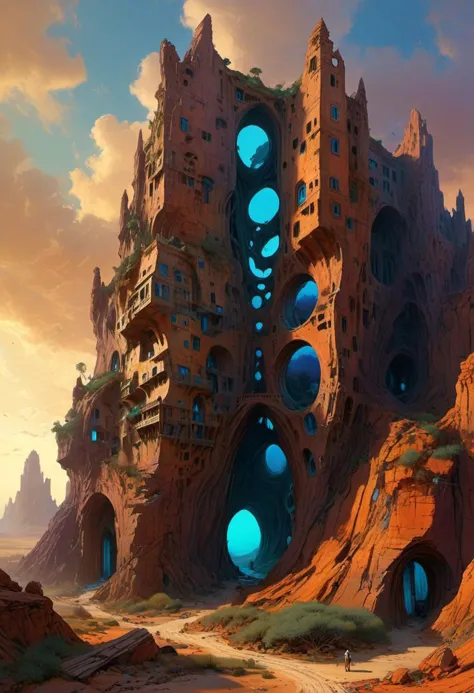 Dry riverbeds, historic rendering of a tall ancient building, standing in front of it is a mysterious man with a long shroud. digital artwork by Roger Dean, vibrant colors include cuware and births a house, inside the surreal landscape of warped geometry and digital artwork by Beksinski, create a sense of detailed, abstract, trippy, 60s style, op art, cell shaded, 8k. The composition includes overlapping circles, sharp-edged polygons, and fluid lines, all interwoven to create a sense of rhythm and flow.