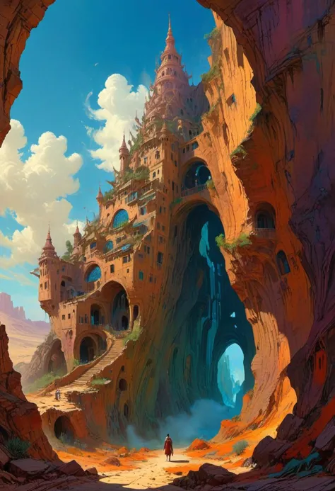 Dry riverbeds, historic rendering of a tall ancient building, standing in front of it is a mysterious man with a long shroud. digital artwork by Roger Dean, vibrant colors include cuware and births a house, inside the surreal landscape of warped geometry and digital artwork by Beksinski, create a sense of detailed, abstract, trippy, 60s style, op art, cell shaded, 8k. The composition includes overlapping circles, sharp-edged polygons, and fluid lines, all interwoven to create a sense of rhythm and flow.