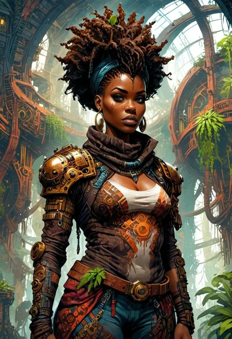 A modern African woman wearing a (modest casual outfit:1.00), stands in the steampunk atrium, African tribal elements combined with futuristic elements, plants, intricate detail, post-apocalyptic elements, cyberpunk, comic book illustration, NEGATIVE_HANDS
