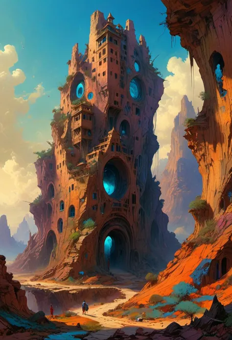 Dry riverbeds, historic rendering of a tall ancient building, standing in front of it is a mysterious man with a long shroud. digital artwork by Roger Dean, vibrant colors include cuware and births a house, inside the surreal landscape of warped geometry and digital artwork by Beksinski, create a sense of detailed, abstract, trippy, 60s style, op art, cell shaded, 8k. The composition includes overlapping circles, sharp-edged polygons, and fluid lines, all interwoven to create a sense of rhythm and flow.