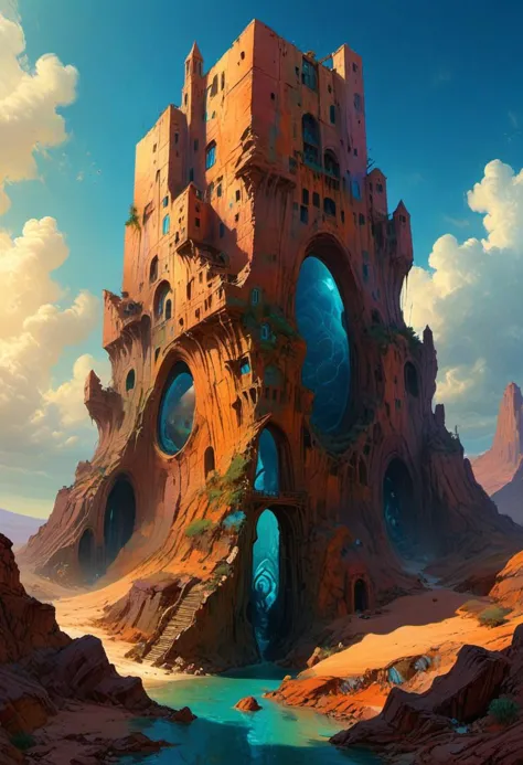 Dry riverbeds, historic rendering of a tall ancient building, standing in front of it is a mysterious man with a long shroud. digital artwork by Roger Dean, vibrant colors include cuware and births a house, inside the surreal landscape of warped geometry and digital artwork by Beksinski, create a sense of detailed, abstract, trippy, 60s style, op art, cell shaded, 8k. The composition includes overlapping circles, sharp-edged polygons, and fluid lines, all interwoven to create a sense of rhythm and flow.