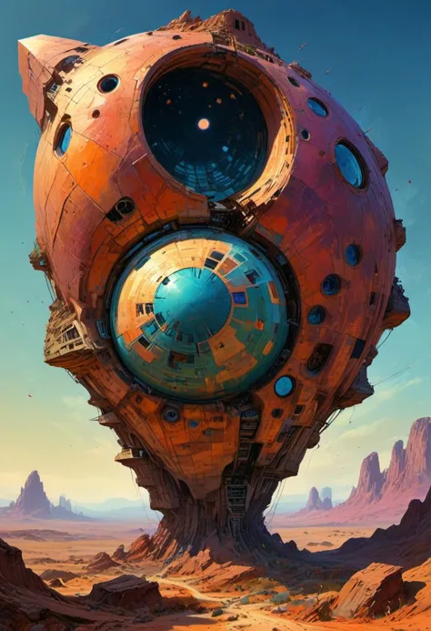 Dry riverbeds, historic rendering of a square spaceship , digital artwork by Roger Dean, vibrant colors include cuware and births a house , inside the surreal landscape of warped geometry and digital artwork by Beksinski, create a sense of detailed, abstract, trippy, 60s style, op art, cell shaded, 8k. The composition includes overlapping circles, sharp-edged polygons, and fluid lines, all interwoven to create a sense of rhythm and flow.