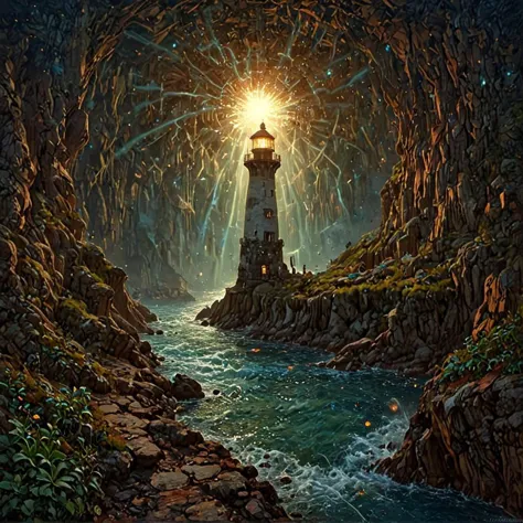 Rivers, lake, waterfalls, historic rendering of an old lighthouse, square spaceship , digital artwork by Jacek Yerka, vibrant colors include cuware and births a building, inside the surreal landscape of warped geometry and digital artwork by Beksinski, create a sense of detailed, abstract, trippy, 60s style, op art, cell shaded, 8k. The composition includes overlapping circles, sharp-edged polygons, and fluid lines, all interwoven to create a sense of rhythm and flow, sacred geometry, FRESHIDEAS Real Photography 2#, great lighting, otclillsn, surrealism