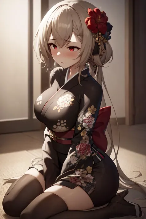 masterpiece, best quality, absurdres, 1girl, solo, KordFG, long hair, large breasts, indoors, kimono, hair flower, floral print, wariza, sitting, hands on own knees