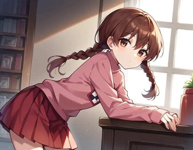 score_9, score_8_up, score_7_up, source_anime,
madotsuki, <lora:madotsuki-ponyxl-lora-nochekaiser:1>,
madotsuki, braid, hair over shoulder, long hair, twin braids, twintails, brown hair, brown eyes,
long sleeves, pink sweater, pleated skirt, red skirt, skirt, sleeves past wrists, sweater,
indoors, bent over,
solo, dutch angle, looking at viewer, cowboy shot,