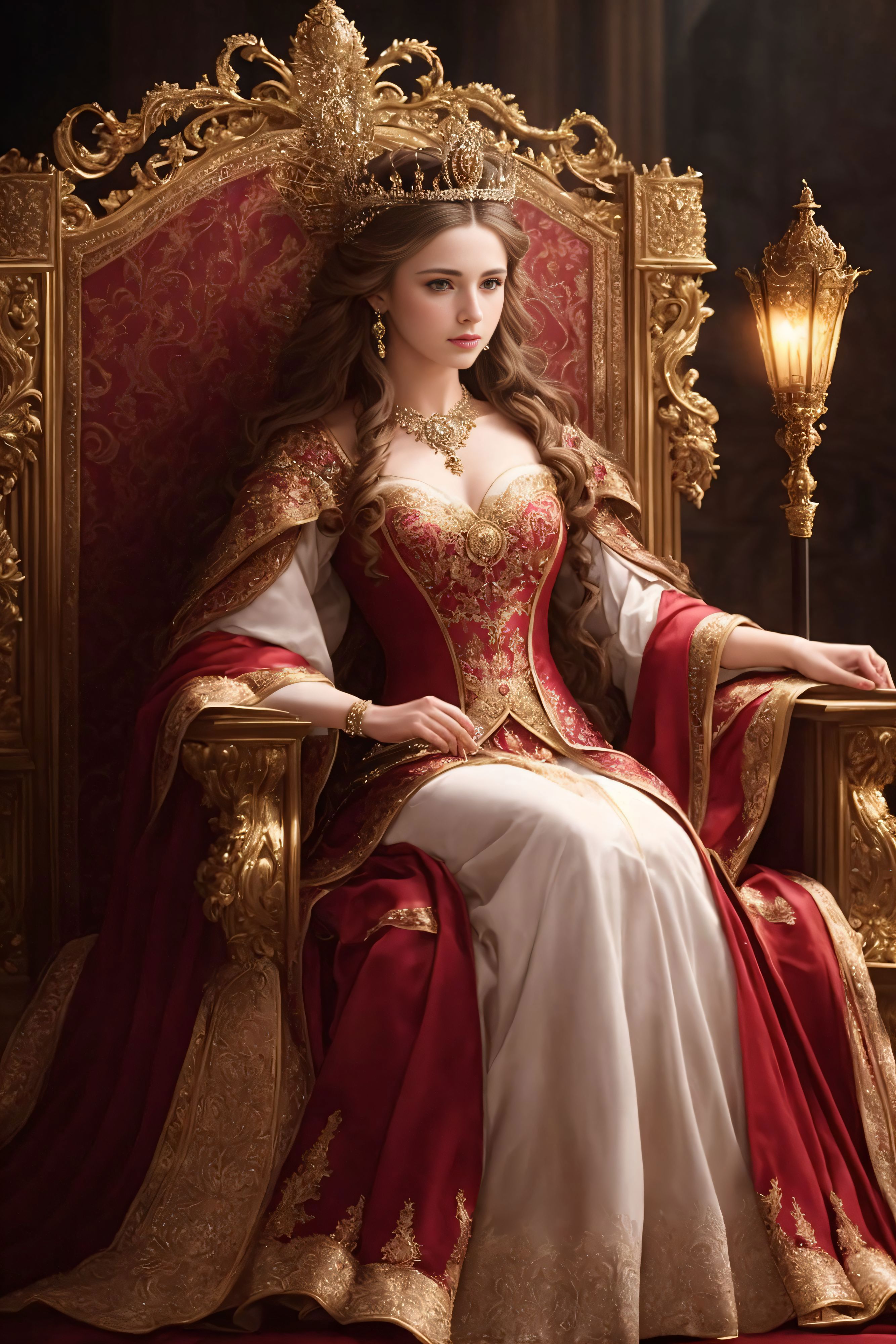 A woman in a red and gold dress sitting on a red chair - SeaArt AI
