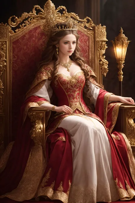 (extremely detailed 8k wallpaper), a portrait of a noble lady, the lord of the castle's wife, sitting on a throne with a crown on her head, wearing a flowing dress with intricate embroidery, holding a scepter in her hand, surrounded by her ladies-in-waiting, highly detailed clothing and accessories, intricate decorations on the throne and in the background, dramatic lighting and shadows, 8k resolution, intricate, high detail, dramatic