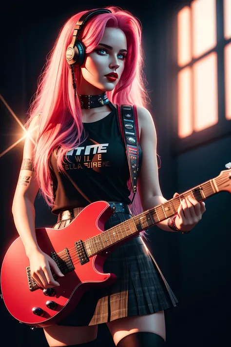 1girl, ((cinematic light)), colorful, hyper detail, dramatic light, intricate details, best quality, (extremely detailed CG unity 8k wallpaper, masterpiece, best quality, ultra-detailed, best shadow), (detailed background:1.4), (beautiful detailed face, beautiful detailed eyes), High contrast, (best illumination, an extremely delicate and beautiful),(girl:1.5), solo, black skirt, blue eyes, ((eye shadow)), (bright red lips), ((electric guitar)), guitar, headphones, holding, holding plectrum, instrument, long hair, music, one side up, pink hair, playing guitar, ((pleated skirt)),(thigh high socks), black
t-shirt, indoors ((caustic)), dynamic angle, ((backlit)), (beautiful detailed glow), full body, cowboy shot,