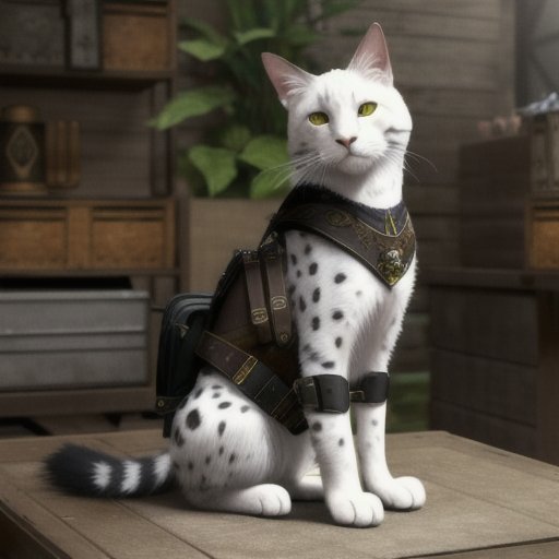 A close up of a cat sitting on a table with a backpack - SeaArt AI