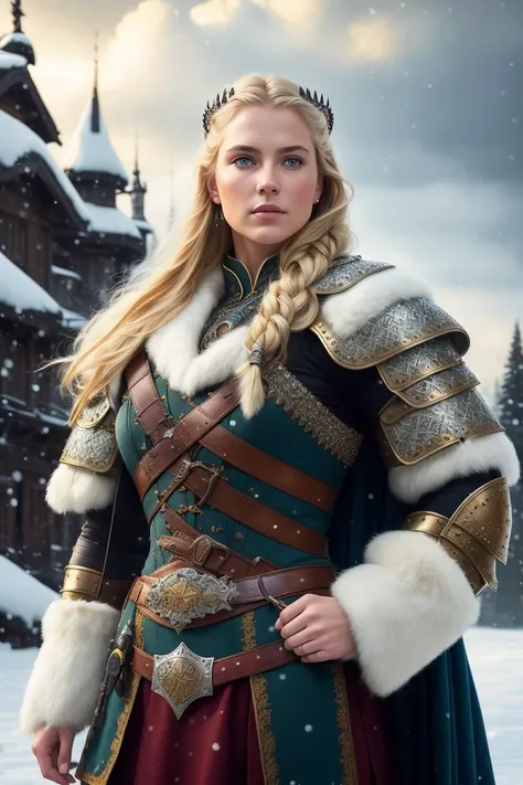 modelshoot style, (extremely detailed CG unity 8k wallpaper, hasselblad award winner), dramatic pose, full shot body photo of the most beautiful artwork in the world, muscular beautiful intricate authentic viking heavy armor and furs, more armor, Stunningly attractive female Swedish Viking, blonde hair, long hair, blue eyes, (canvas texture), (thick paint), (painterly), (overcast sky), (snowing bokeh), professional majestic oil painting by Ed Blinkey, Atey Ghailan, Studio Ghibli, by Jeremy Mann, Greg Manchess, Antonio Moro, trending on ArtStation, trending on CGSociety, Intricate, High Detail, Sharp focus, dramatic, volumetric lighting, photorealistic painting art by midjourney and greg rutkowski, filigree, intimate, love,
