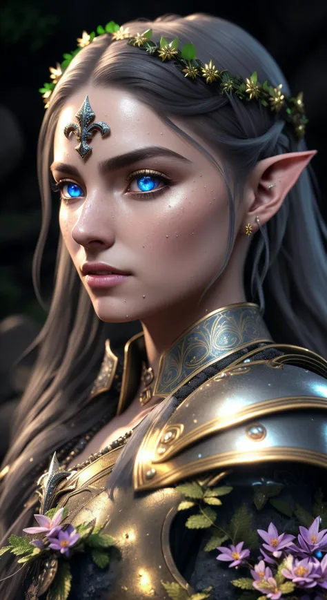 painted portrait of a beautiful young elf girl with long wet hair, wearing a full suit of polished bronze medieval armor with armor plates, ((fleur de lis armor: 1.8)) blue eyes, beautiful features, fierce, (dirty face:1.3), elf ears, background of mossy rock, ((dirt and grit)), small breasts, moss covered rocks and mist in background, dark background, DOF, 8k, (shadow) (dark setting) subsurface scattering, specular light, highres, octane render, ray traced, masterpiece, best quality, highest quality