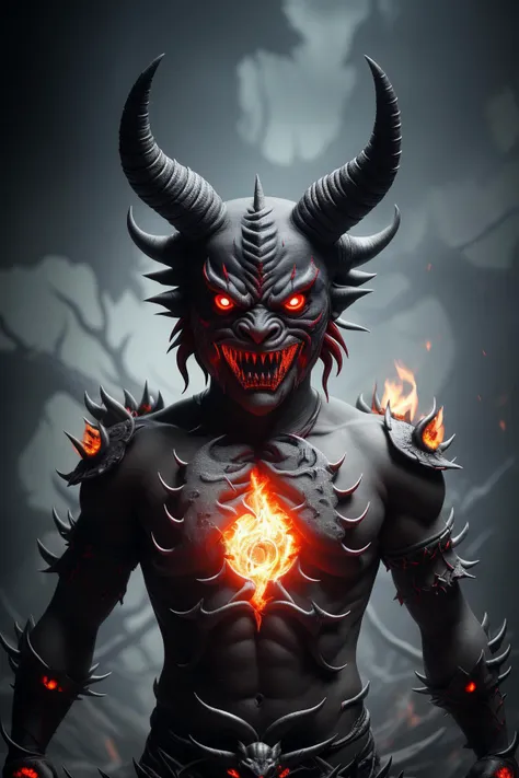 3d render of a scary ONI creature with a devil mask and long horns, (long flowing white-silver hair), (glowing red eyes), disturbing face, scary, horror, creepy, highly detailed, intricate ornaments, global illumination, subsurface scattering, specular lighting, hdr, 8K, nanite raytraced, character surrounded by fire, ember particles, backlit,  full torso, dramatic