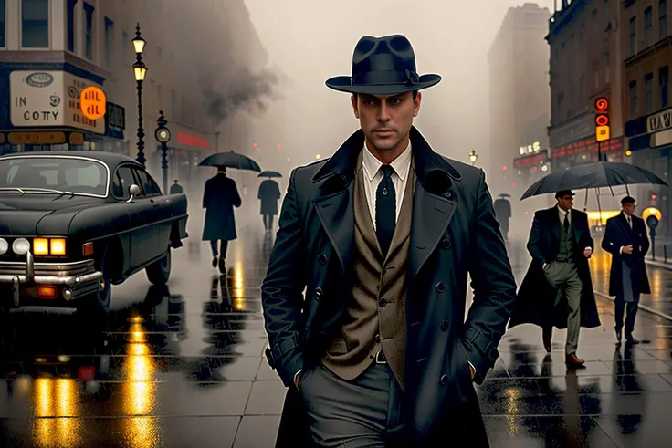 ((torso shot)), (close up:0.9), solo, (masterpiece), best quality, perfect face, ((oil painting)), (portrait:1.2), (Noir), detective wearing a trench overcoat, black suit and trilby fedora, loose tie, 5 o'clock shadow, smoking cigarette, walking down the middle of street, big city, ((1930's)), Prohibition, city lights, neon signs, ((midnight)), ground fog, ((light rain)), ((raindrops)), (dynamic pose), (good perspective), (good composition), (dramatic), ((windy)), (dramatic camera angles), eerie, dreary, (highly detailed), (intricate), ((dark)), helios 44-2, HDR, 8k, ((sepia)), ((painterly)), (art by jeremy mann and edvard munch),