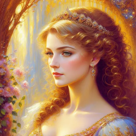 A botanical masterpiece in the style of Emile Vernon, detailed, hyper-realistic, elemets of symbolism and surrealism, a painting by mse an insanely beautiful woman by Emile Vernon, luminous design, pastel colours, gold, ink drips, autumn lights, intricate design, intertwined, perfect beautiful woman, flowers, pastel, gold.