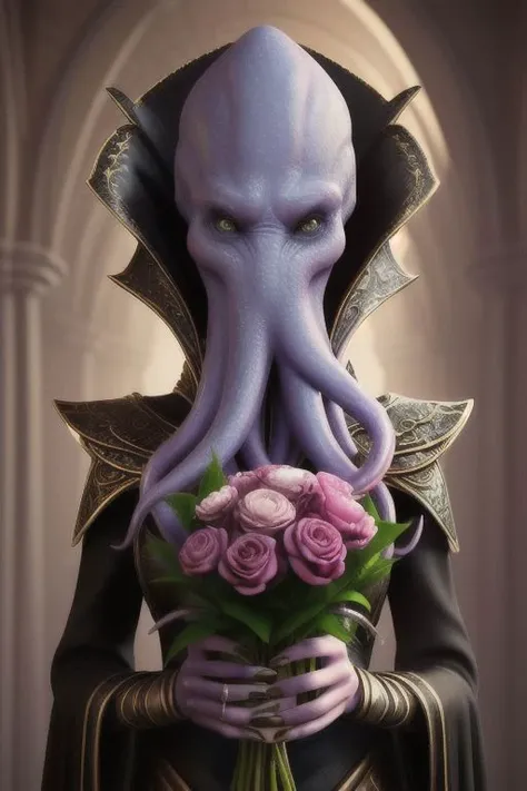Closeup fullbody portrait of female illithid, mind flayer, <lora:mindflayer-14:1> feminine mind flayer, wearing a sorceress dress, bald ,horrific and twisted underground city strange geometry, intricate background, atmospheric scene, masterpiece, best quality, (detailed face, detailed skin texture, ultra-detailed body:1.1), modern, feminine+, large breasts, shiny wet skin, looking at viewer, modelshoot style, (extremely detailed CG), photo of beautiful artwork, High Detail, Sharp focus, dramatic+, (photorealistic), Intricate, otherworldly, mysterious, highly detailed, fantasy, holding a pretty bouquet of flowers, and with a gentle expression in her eyes