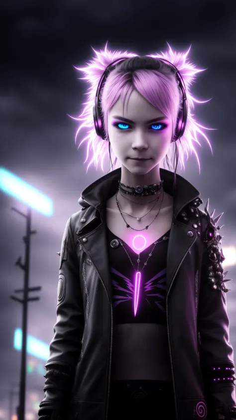 A highly detailed portrait of a solo 1girl standing on a street corner, during a rainstorm with lightning strikes and a cloudy sky, neon and cyberpunk background, she is wearing punk clothes with silver chains and silver spikes, she has a butterfly wing hairclip in her wild hair, she has headphones and a necktie on, petite, detailed glowing red eyes with distinct pupils, ominous aura Halo, smile, punk, cyberpunk, backlighting, masterpiece, best quality, intricate detail, absurdres, chromatic aberration, depth of field, professional photography, soft lighting, tone mapped, highly detailed, sharp focus, dramatic lighting, intricate details, cinematic, 8K, incredible shadows, realistic, (highly detailed background:1.0)