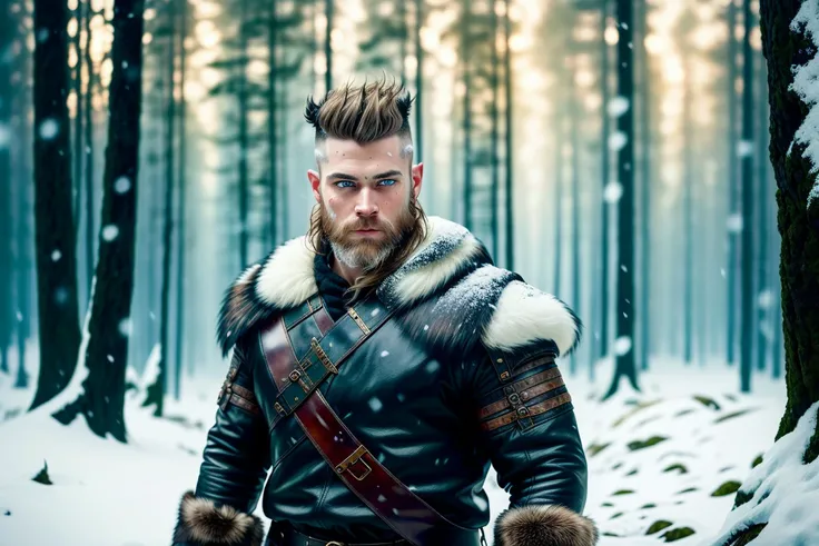 solo, (masterpiece), best quality, perfect face, realistic, ((oil painting)), (portrait:0.8), muscular, weathered, hairy, viking man, (wearing leather tunic and furs), bright blue eyes, shaved sides of head, brownish blonde hair, celtic tattoos visible, walks through snow covered forest ((light snow)), (snowflakes), (dynamic pose), (good perspective), (good composition), (dramatic), ((windy)), (dramatic camera angles), (highly detailed), (intricate), ((dark)), helios 44-2, HDR, 8k, ((painterly)), (art by jeremy mann and edvard munch),