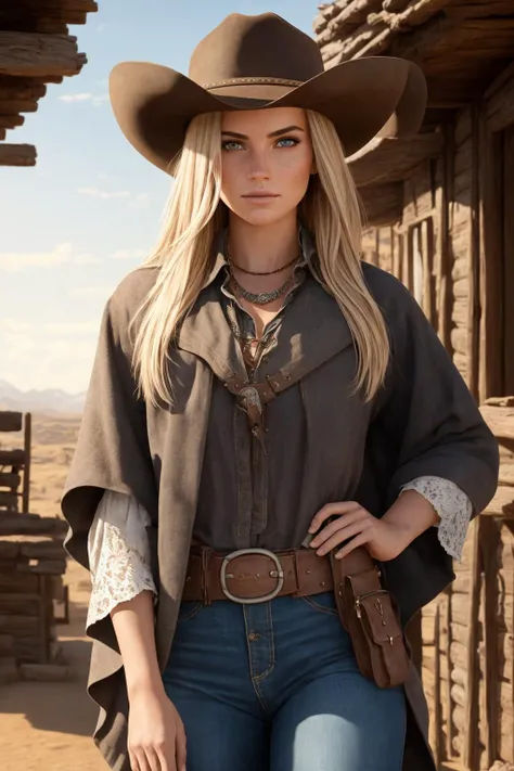 Create a [realistic] [8k] [wallpaper] [photography] that captures the essence of the [wild west], featuring a [masterpiece] that depicts a [cowboy] scene. The photo should be of [exquisite quality], with [specular reflection], [subsurface scattering], [diffuse reflection], [backlight], and [raw colors] in [soft light]. The image should prominently feature a [single], [extremely beautiful], [young] [woman], who is a [outlaw] and [bandit] with [alluring gaze]. She stands in an [old west] [dusty] town.
The woman is dressed in typical cowboy attire, wearing a [poncho] or [black coat], pants with [chaps], [cowboy boots], and a [realistic] [cowboy hat] with [revolvers] in her [holsters], which complement her [natural] beauty and [cowboy] charm. Her [tanned face] is [flushed], [blushed] with [dense delicate freckles] should have [detailed contours] and a [heart-shaped] structure with [delicately proportioned features] and [high cheekbones]. Her [full, pouty lips] should be slightly parted, and her small, narrow nose should add to her charm. Her [detailed eyes] should be enhanced with [black eyeliner] and [black smudged eyeshadow], which beautifully frame her [natural] beauty.
In the photo, the woman's skin should be [sweaty], [glossy], and radiant, while her [messy] hair should add to the [natural] appeal of the image. The [wild west] setting should be emphasized, with a [high level of detail] in the [realistic] and [natural] scenery. The [dusty town] should be placed in the background, enhancing the overall [wild west] vibe of the photo. The overall theme of the photograph should be [realistic], [natural], and [wild west] in style, highlighting the beauty of the [old west].