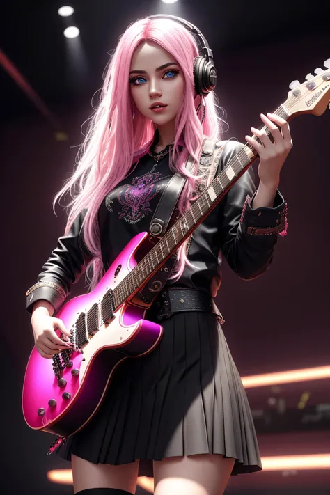 1girl, ((cinematic light)), colorful, hyper detail, dramatic light, intricate details, best quality, (extremely detailed CG unity 8k wallpaper, masterpiece, best quality, ultra-detailed, best shadow), (detailed background:1.4), (beautiful detailed face, beautiful detailed eyes), High contrast, (best illumination, an extremely delicate and beautiful),(girl:1.5), solo, black skirt, blue eyes, ((electric guitar)), guitar, headphones, holding, holding plectrum, instrument, long hair, music, one side up, pink hair, playing guitar, pleated skirt, black shirt, indoors ((caustic)), dynamic angle,beautiful detailed glow,full body, cowboy shot,