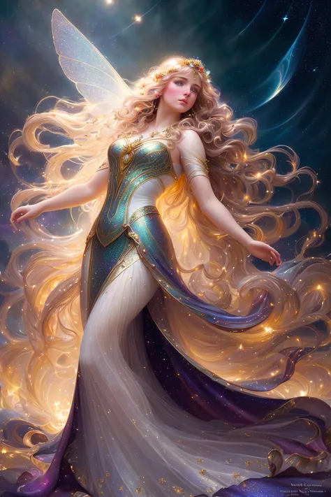 (((photorealistic painting))), (full body:1.5), (stunningly attractive)) fae fairy woman at a renaissance festival, ((perfect feminine face)), (+long colorful wavy hair), (+glitter freckles), (glitter), iridescent, wearing a flowing dress, intricate, 8k, highly detailed, volumetric lighting, digital painting, intense, sharp focus, ((art by artgerm and rutkowski and alphonse mucha)), (cloth simulation), (wind), cgsociety, good anatomy, great lighting, subsurface scattering, award winning, masterpiece, (perfect skin texture)),((realistic)), (style-sylvamagic:0.5), (nighttime), (dark), (backlit), (night sky in the style of Style-NebMagic),