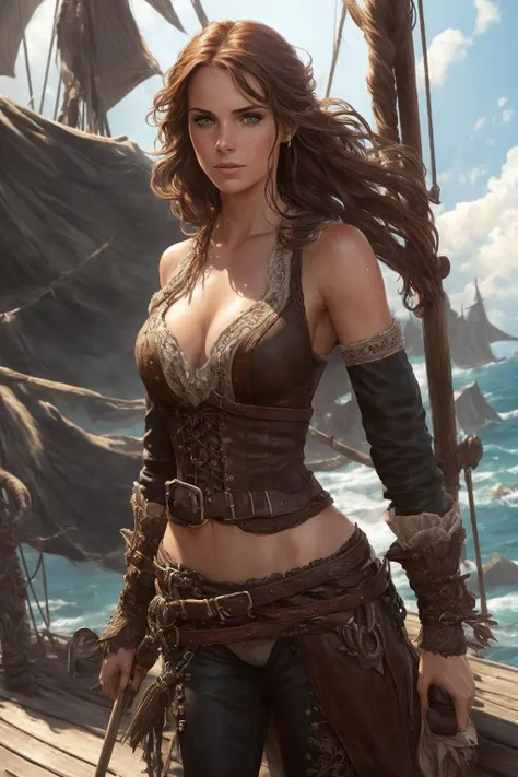 Generate a photorealistic photo of most beautiful artwork 8k in the style of [Luis Royo], [Boris Vallejo], [Frank Frazetta] depicting a [young woman] [caucasian] [pirate] [prt] standing on the deck of a [wooden ship]. The woman should have a [slim, skinny figure], [very short hair], [narrow hips], [narrow shoulders], [very small perky breasts], [toned body] with [abs] and [slim thighs] with defined [hip bones]. Her skin should be [tanned], [sweaty], and [delicately wet] from the heat of the Caribbean sun, with visible [beads of sweat] on her skin. Her face should be [flushed] and [dirty], with [emerald eyes] that sparkle with intensity and curiosity, and [dense freckles]. The woman's face is [heart-shaped], [delicately proportioned], with a [petite and narrow nose, with a slight upturn at the tip] and [high cheekbones], [narrow jaw]. [Full pouty lips] often slightly parted in a seductive pout in [sly smile] and should be [detailed] and [realistic], with [high-resolution] features. Her hair should be [ginger] and slick with sweat, cut in a [messy, layered style] that falls just above her shoulders.
The woman should be dressed in [rugged brown pants], a [black lace corset] (fabric with intricate pattern:1.2), that reveals her [cleavage], and a [tattered white blouse] with [frilly sleeves]. She should also be wearing a [realistic in size] [leather black tricorn hat] with [feathers] sticking out from it, and [high leather boots] with [metal buckles] and [spurs]. Her outfit should convey a sense of practicality, ruggedness, and femininity, all at the same time.
The image should capture the [deck of the ship], and [dramatic sky] in natural light, with [soft shadows] that highlight the woman's [slim physique]. Her skin should have [specular reflection], [subsurface scattering], and [diffuse reflection], with [imperfections], [unevenness], and [irregularity] that convey the hardships of her work. Her [shoulders], [arms], [back], and [face] should be [glistening] with [sweat] and [soot], and her [skin] should have [beads of sweat] that run down her [slim] and [defined muscles].
The overall tone should be [fantasy] and [steampunk], with [raw], [vibrant colors] that showcase the fantasy elements of the character while remaining grounded in a sense of realism. The image should be highly [highly detailed:1.4], and showcase her [captivating beauty], [pirate ship], and [practical pirate attire] with (global illumination, studio light, volumetric light).