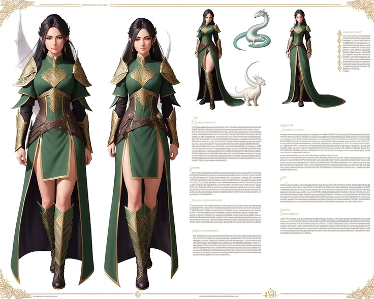 Character design sheet page scan, concept_art, by Greg Rutkowski and Andrey Shishkin, young adult female elven ranger, with a small (white Pseudodragon) as a pet, ornate leathers, detailed elven bow, quiver, (dark greens and blacks), ((dynamic pose)), ((good anatomy)), ((cinematic)), ((subtle lighting)), ((perfect shading)), ((perfect inking)), ((award winning)), (gorgeous), ((perfect proportions)), ((intricate details)),