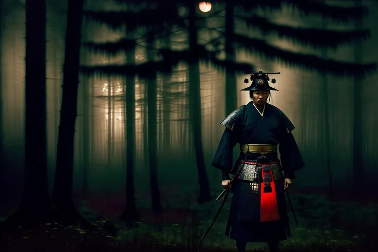 (close up shot:0.8), Japanese samurai warrior, forest glade at night background, (dusk), moonlight, bokeh, (art by jeremy mann and edvard munch), (beautiful composition), (complimentary colors), masterpiece, award winning