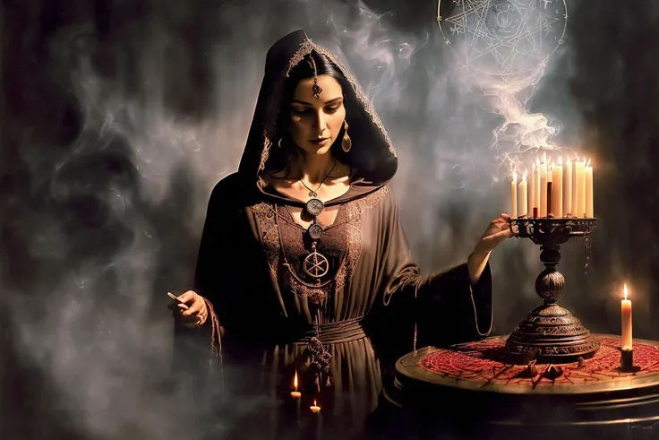 Masterpiece, best quality, "Mysterious summoning ritual", Artstation, ((Art by Frank Frazetta, by Simon Bisley, by Luis Royo, by H.R. Giger, by Ashley Wood, by Bill Sienkiewicz, by Ryan Meinerding, by Ian McQue, by Syd Mead, by Frank Frazetta)). ((Medium Close Shot)), ((full torso)), ((1woman)), ((Gorgeous dark haired witch beautiful woman oiled body)), ((long dark robe with runes around the cuffs)), ((lace dress and hood)), ((standing outside of summoning circle a pagan sigil pentacle drawn in blood)), ((melted red candles lit around the circle)), ((standing in front of a stone altar with open book)), ((magical sigil in red)), ((sage sticks & lit incense burning)), ((brass hand bell), ((small curved knife)), ((skull on altar)), ((Otherworldly apothecary alchemists magic lab dungeon astronomical symbols middle eastern style library at night lit by candles)), ((dark ominous shadows)), ((Particle lights of different color and smoke fills the center of summoning circle)), ((light shafts)), ((Volumetric lighting)), ((Subtle lighting)), ((Good Highlights)), (Perfect Proportions), (good anatomy), (Painting in Oil), (Illustration), (stylistic), (dynamic), (intricate), (complimentary colors), (Professional), (Award winning), ((dark room)), (deep shadow), (Soft bokeh), (sepia B&W), 8k, HDR,