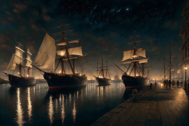 best quality, ((wide shot)), cgsociety, 8k, ultra realistic, (Boston shipyard), (docks at night), (1600's), ((realistic tall ships)), ((city in background)), (busy docks)), (trading), ((night)), ((nighttime)), ((night sky)), ((moon)), intricate detail, high detail, sharp focus, smooth, aesthetic, ((oil painting)), (painterly), (extremely detailed), (art by greg rutkowski:1), (art by luis royo:1), by artgerm, Stephen Kasner, John Picacio