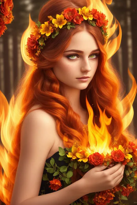 (masterpiece), best quality, hair is turning into fire, hair is on fire, ((beautiful laurel wreath on head of red & yellow flowers and leaves)), Fantasy, (light rayer:1.05), orange light particles, scenery, fire, Beautiful and detailed explosion, beautiful detailed glow, Flames burning around, Flames burning around, Fire feathers, burning, (burning forest:1.34), (bare trees:1.05), ashes, (red sun:1.05), (flame swirling around the character:1.1), solo, (serene expression), (detailed:1.05), high resolution illustration, lustrous skin, colorful, (ultra-detailed:1.1), (illustration:1.05), (detailed light:1.05), (an extremely delicate and beautiful:1.1), beautiful detailed girl, depth of field, white_long_hair, orange_eyes, dark eyelashes, eyeliner, soft glowing eyes, (ethereal), (heavenly), (magical)