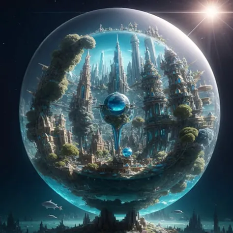 a small beautiful futuristic city of atlantis submerged in a (spherical glass fish bowl) (Style-Glass:0.1) full of water| beautiful night sky | photo manipulation| beautiful composition, biodome, tilt shift, mystical, ethereal, intricate, good architecture, rendered reflections & refractions, blender, weta digital, award winning, masterpiece,